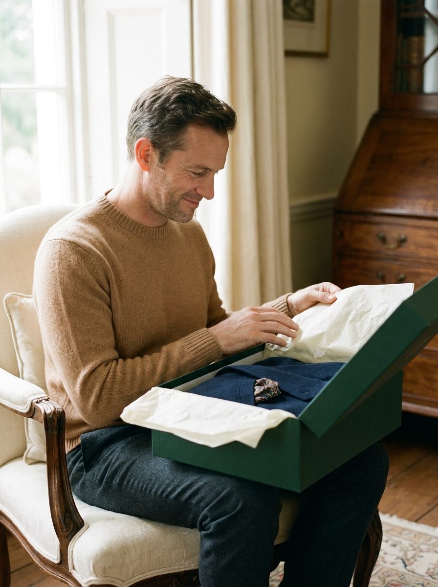 A man opening a deep green Thomas Morgan box