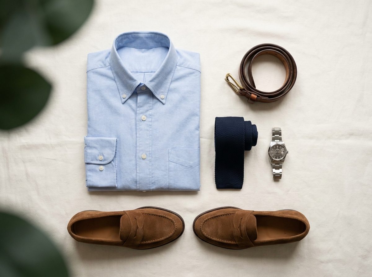 A curated Thomas Morgan outfit laid out on linen